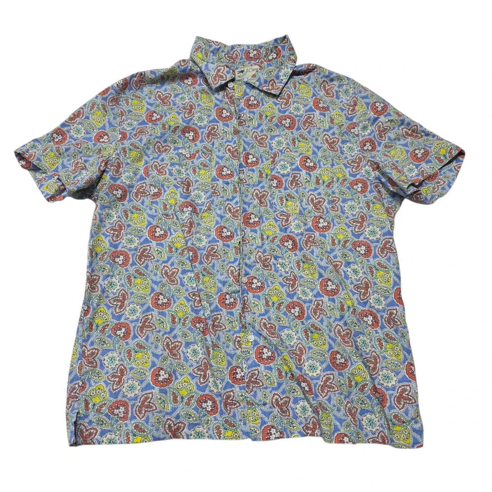 J. Crew Mens Large Short Sleeve Cotton Paisley‎ Floral Button Down Shirt Blue